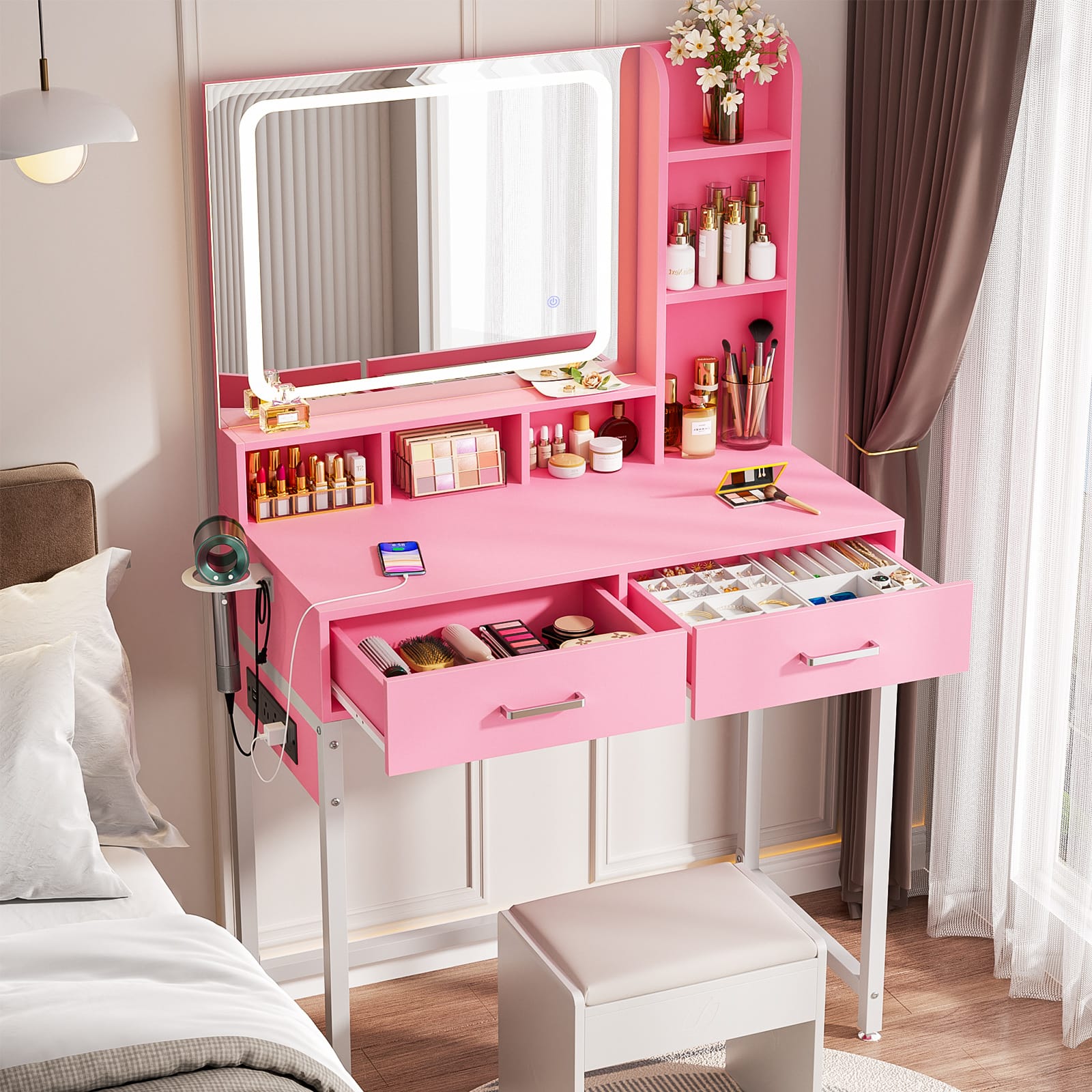 Aheaplus - Makeup Vanity Desk with Lighted Mirror and Charging Station, 31.5'' Small Vanity Table with Drawers - Pink