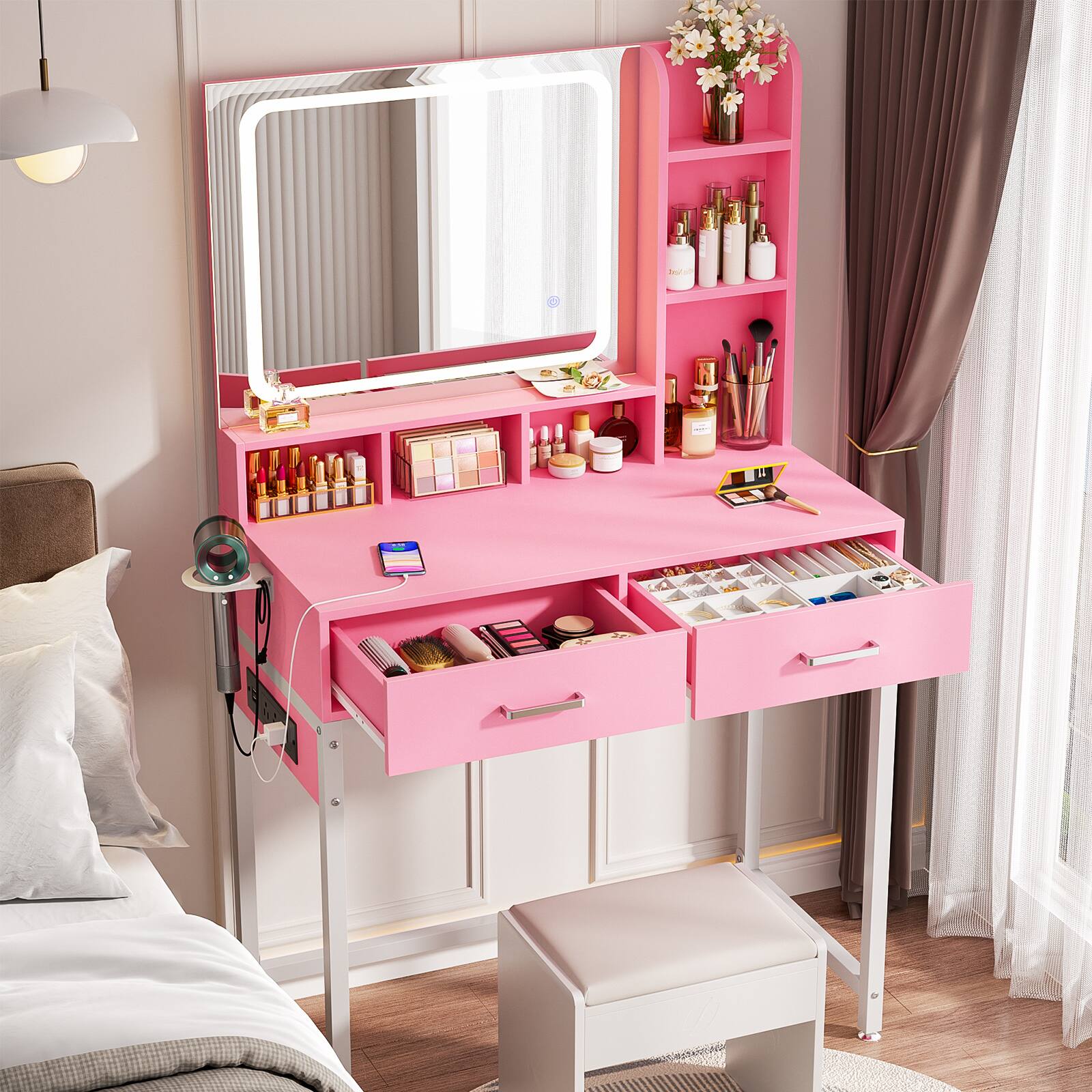 Aheaplus - Makeup Vanity Desk with Lighted Mirror and Charging Station, 31.5'' Small Vanity Table with Drawers - Pink