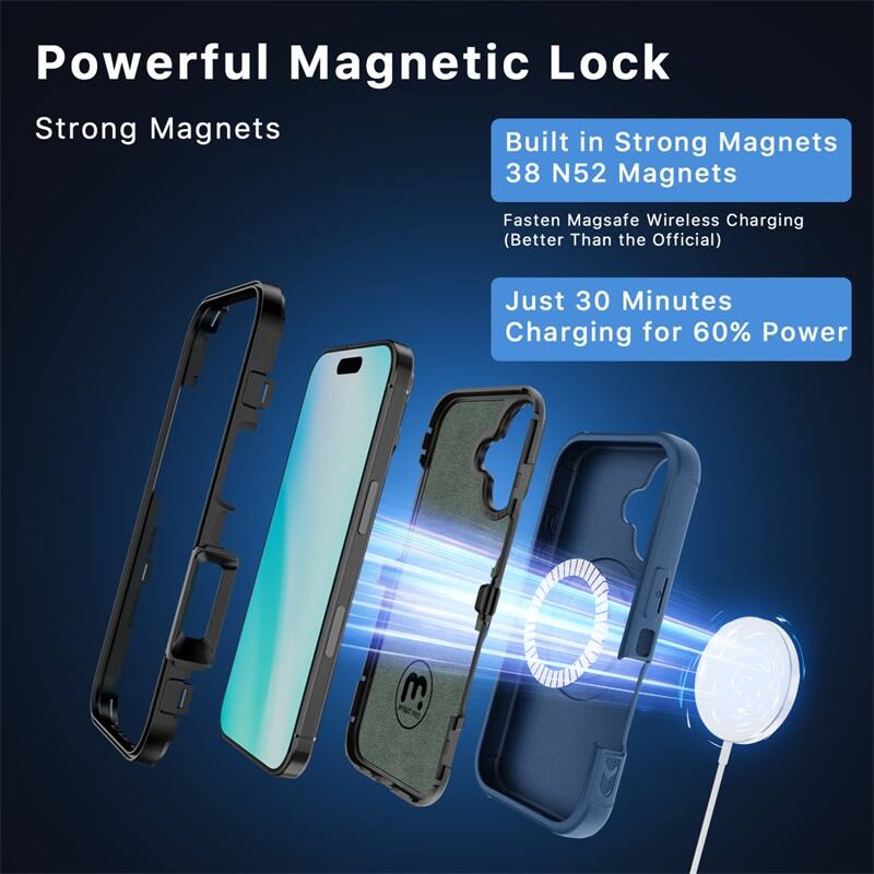 Powerful Magnetic Lock, Strong Magnets, Built in Strong Magnets, 38 N52 Magnets, Fasten Magsafe Wireless Charging (Better Than the Official), Just 30 Minutes Charging for 60% Power