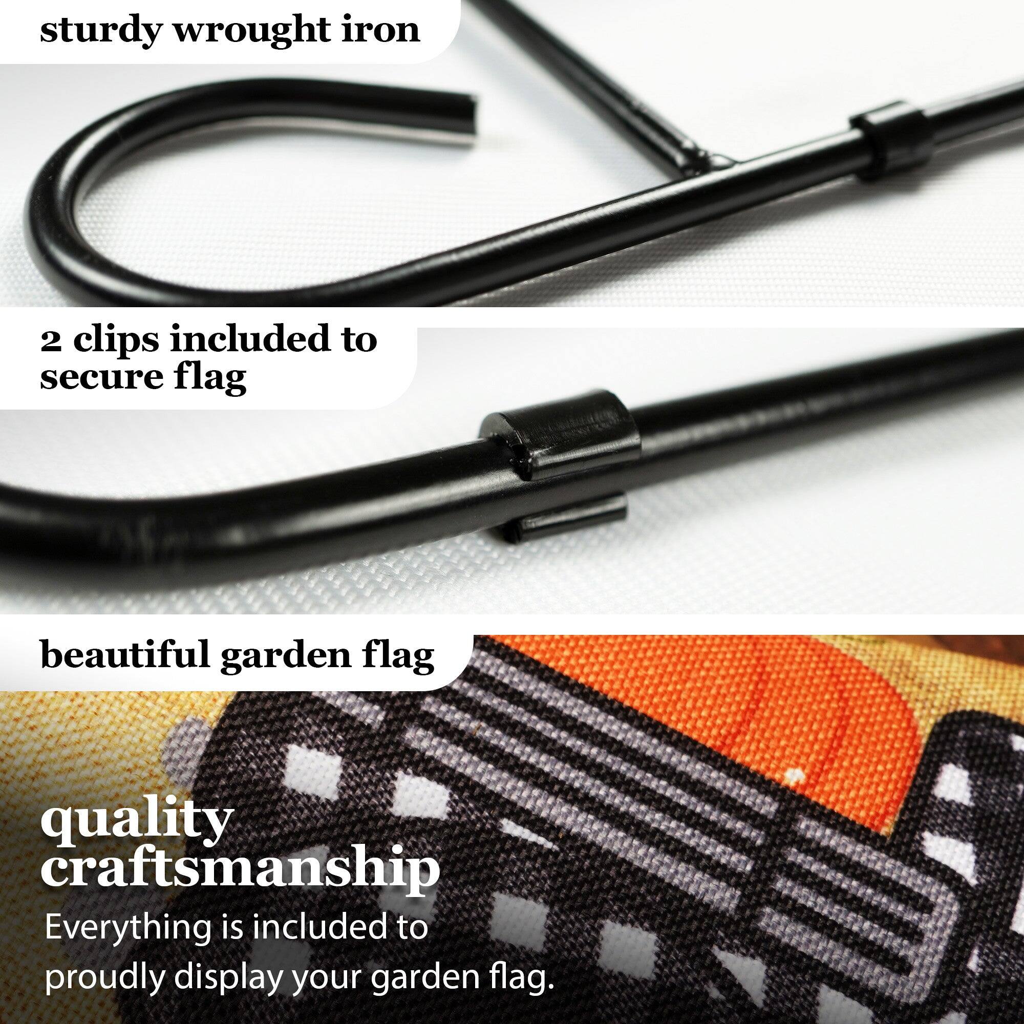- Sturdy wrought iron
- 2 clips included to secure flag
- Beautiful garden flag
- Quality craftsmanship
- Everything is included to proudly display your garden flag.