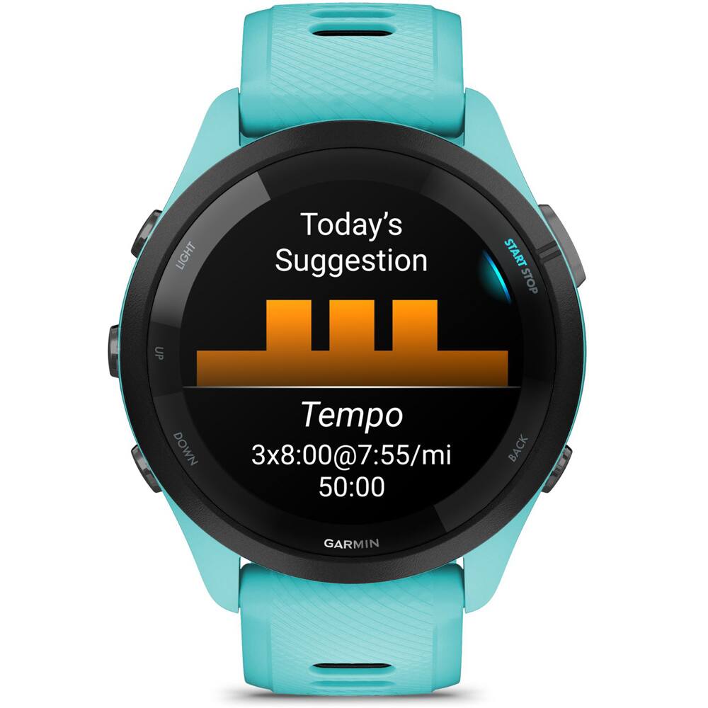 Today's Suggestion  
Tempo  
3x8:00@7:55/mi  
50:00  

LIGHT  
START STOP  
UP  
DOWN  
BACK  

GARMIN