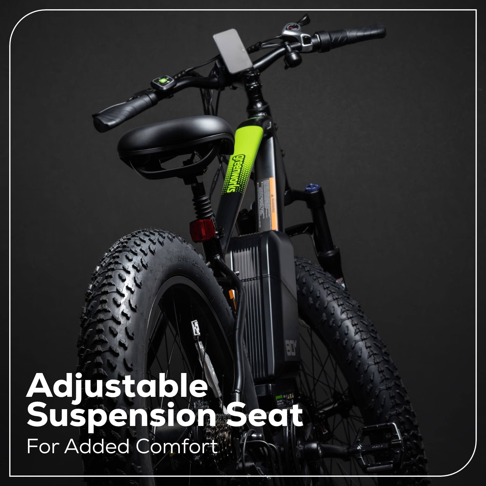 Alt View 1. Greenworks - Greenworks 60V Electric Mountain Bike for Adults & Teens, 26" Fat Tires, 7-Speed, Green (No Battery) - Green.