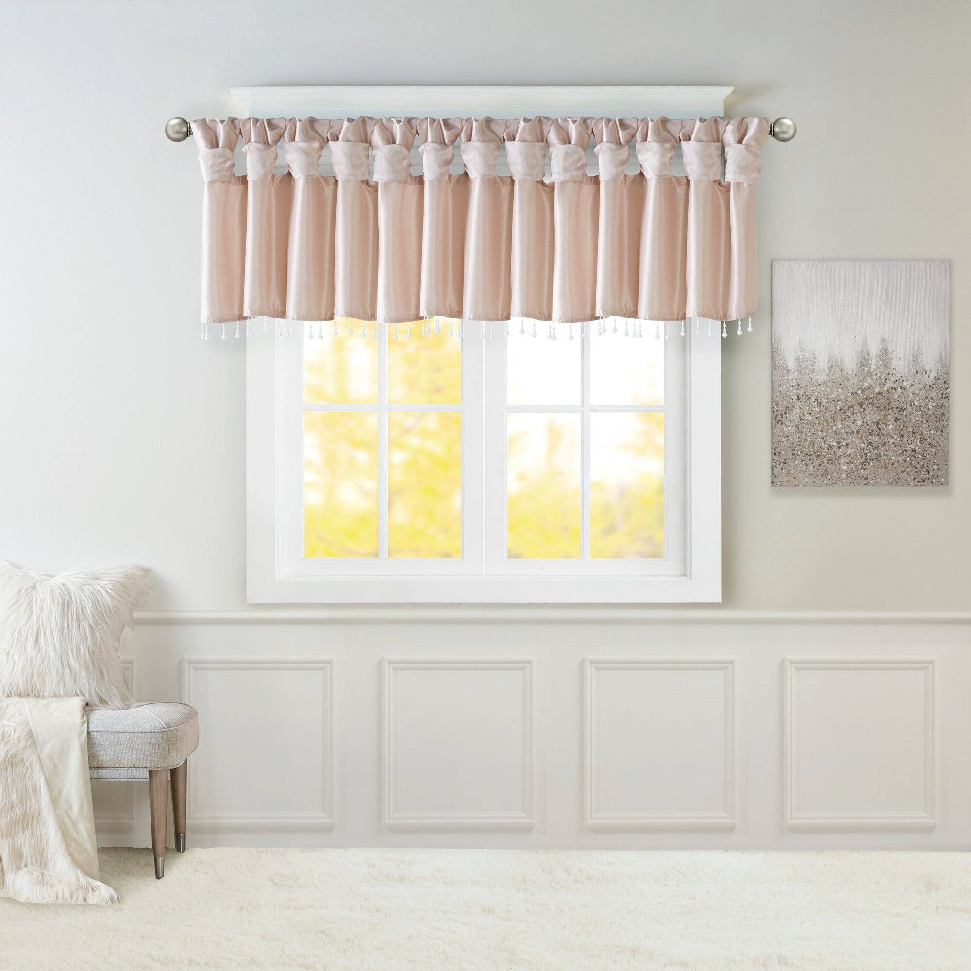 Front. BreeBe - Lightweight Faux Silk Valance With Beads Blush 50x26' - Blush.