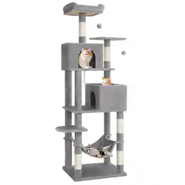 Songmics Home - Cat Tree Tower, 73.2-Inch Multi-Level Cat Condo with 5 Scratching Posts, 2 Perches, 2 Caves, Hammock, 2 Pompoms - Light Gray