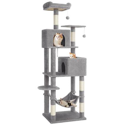 Front. Songmics Home - Cat Tree Tower, 73.2-Inch Multi-Level Cat Condo with 5 Scratching Posts, 2 Perches, 2 Caves, Hammock, 2 Pompoms - Light Gray.