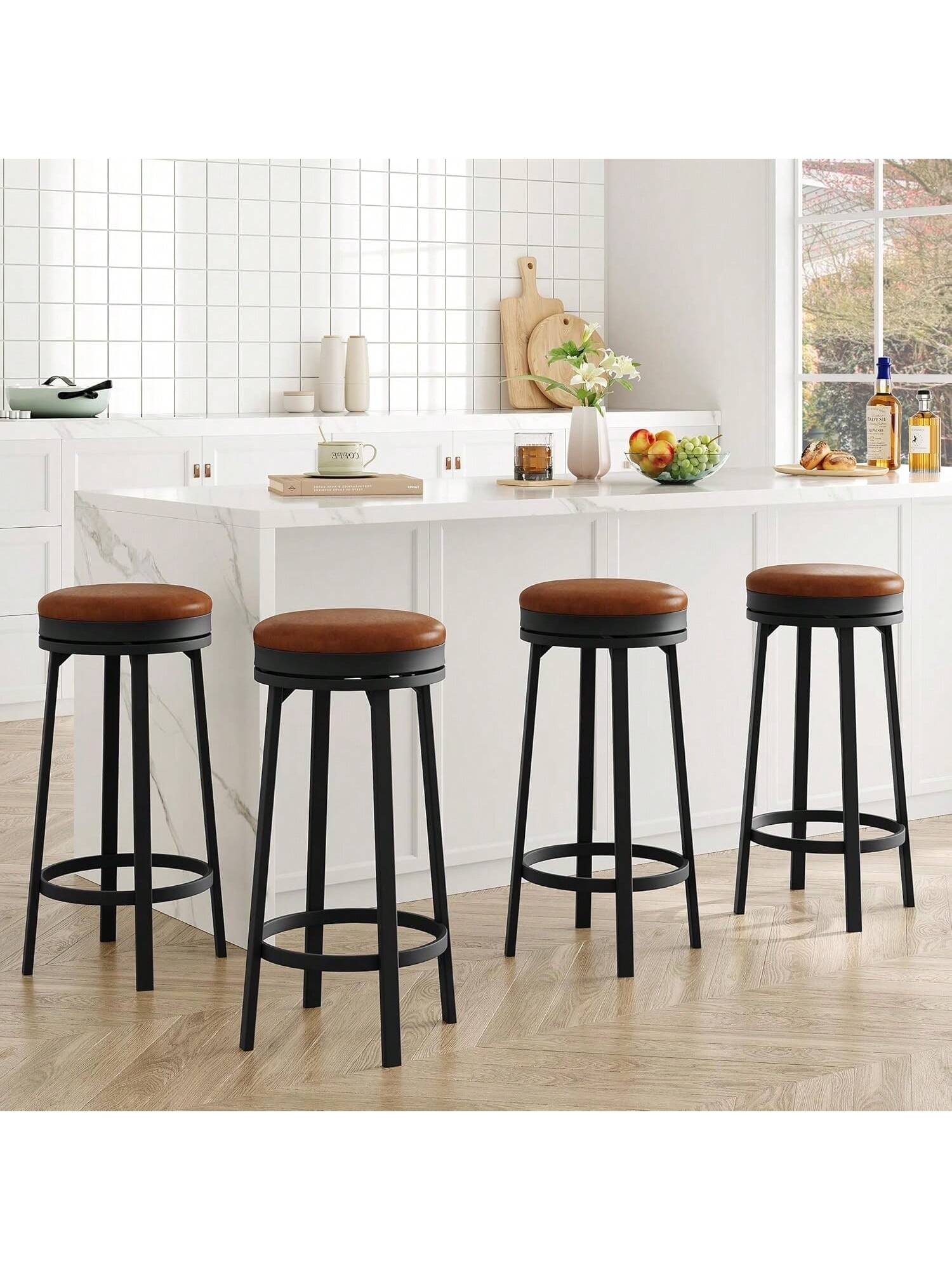Front. GARVEE - 30" Swivel Bar Stools Set of 4 with Footrest, Modern Counter Height Barstools with PU Leather Upholstered, Brown - Brown.