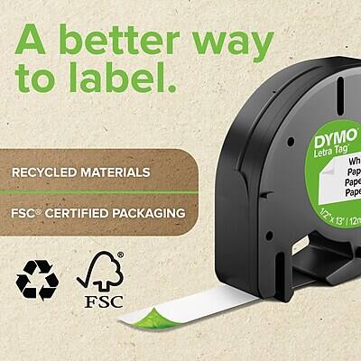 A better way to label.  
RECYCLED MATERIALS  
FSC CERTIFIED PACKAGING  
DYMO Tag  
Letra Wh  
Pape Pap  
Pape  
1/2 X 13'  
12n  
FSC