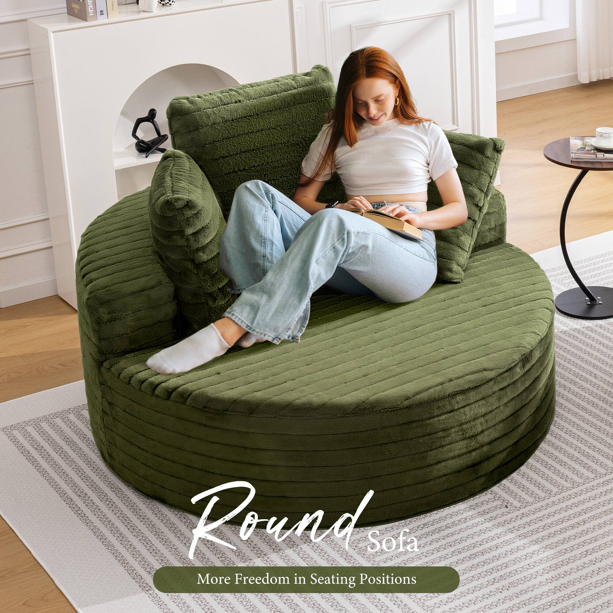 KERDOM - Oversized Round Sofa, Fluffy 59'' Upholstered Deep Seat Circle Sofa Reading Lounge Chair with Pillows for Living Room - Green