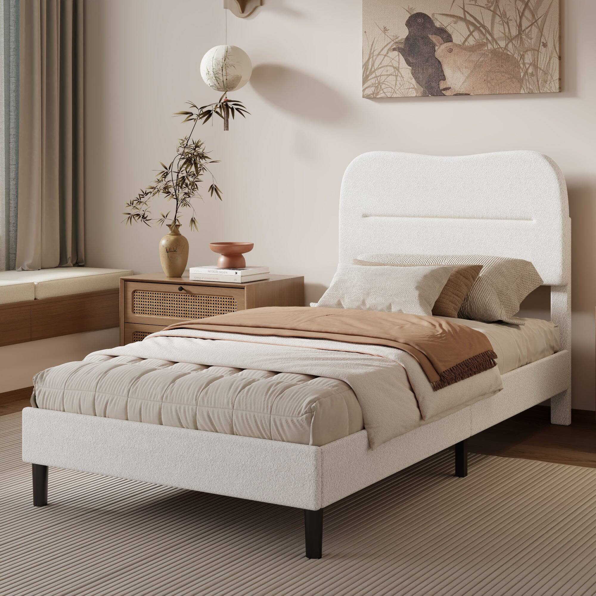 Left. Furnulem - Bed Frame With Teddy Velvet Soft Curved Headboard Platform Bed With Wooden Slats Support - White.