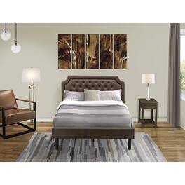 East West Furniture - GB25F-1DE07 2-Pc Full Bed Set with Bed and 1 Distresses Jacobean Mid Century Nightstand - Dark Brown Faux Leather and - Black Textured