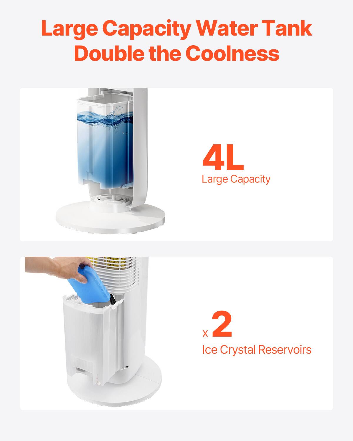 Large Capacity Water Tank  
Double the Coolness  

4L  
Large Capacity  

x 2  
Ice Crystal Reservoirs