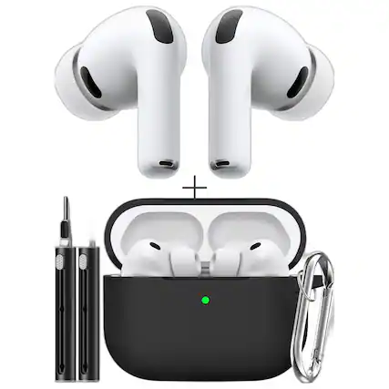Front. Apple - AirPods Pro (3rd Generation) Wireless Earbuds Bundle with Protective Silicone Case, Cleaning Kit & Keychain - White.