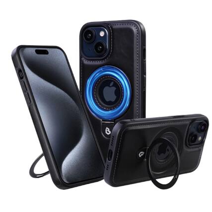 Front. Stock Preferred - Luxury PU Leather Case with Invisible Ring Stand iPhone 17 Pro Black - Black.