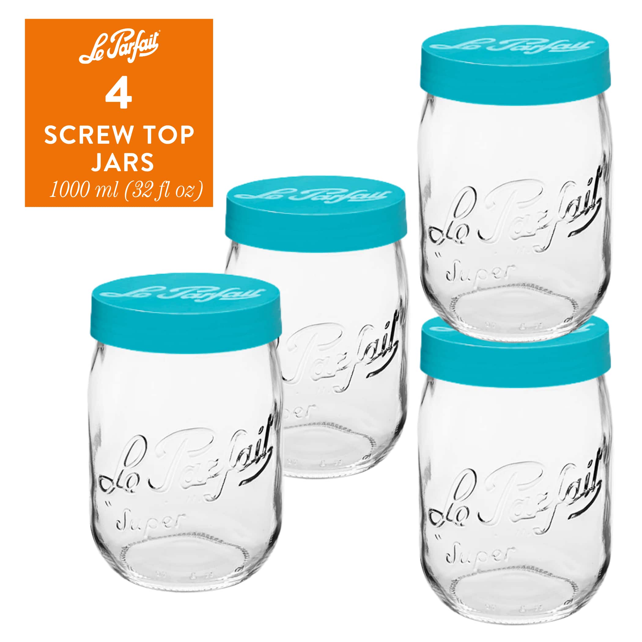 Le Parfait - Screw Top Jar - 1L Wide Mouth French Glass Canning Jar w/ Color Plastic Lid, 32oz/Quart (Pack of 4) - Teal price history on PriceWatchPro