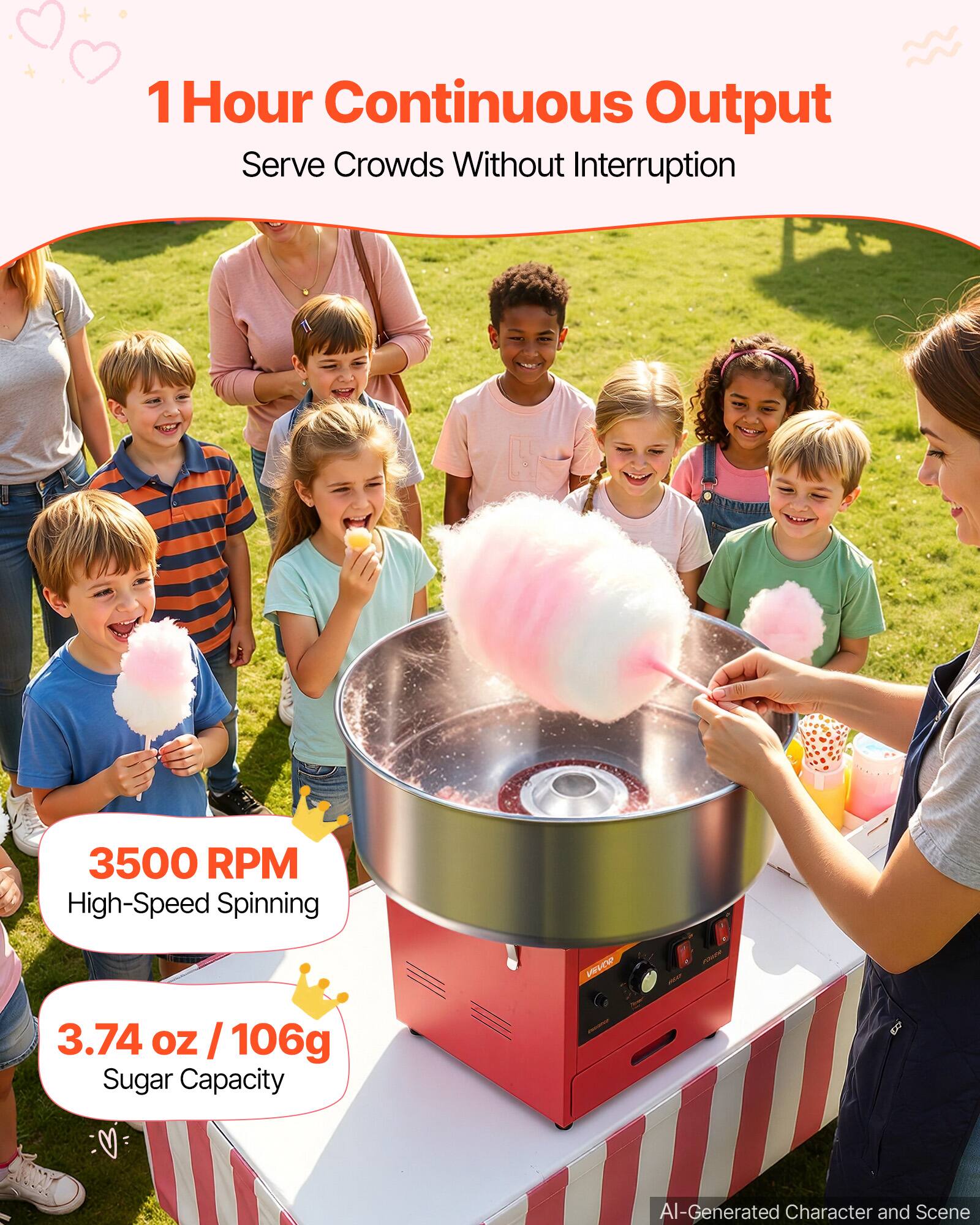 1 Hour Continuous Output  
Serve Crowds Without Interruption

3500 RPM High-Speed Spinning

3.74 oz / 106g Sugar Capacity

AI-Generated Character and Scene