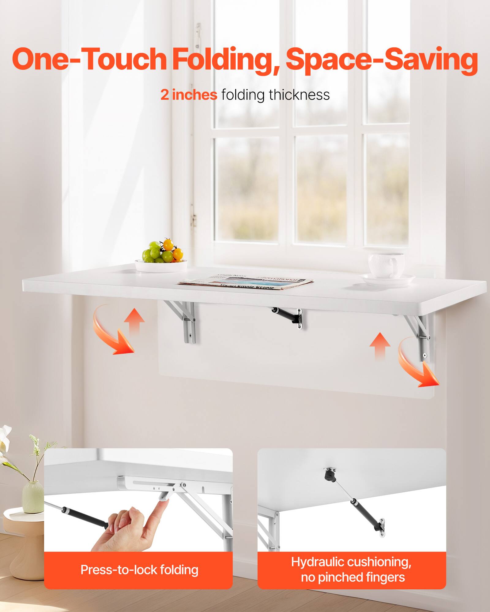 One-Touch Folding, Space-Saving  
2 inches folding thickness  

Press-to-lock folding  

Hydraulic cushioning, no pinched fingers