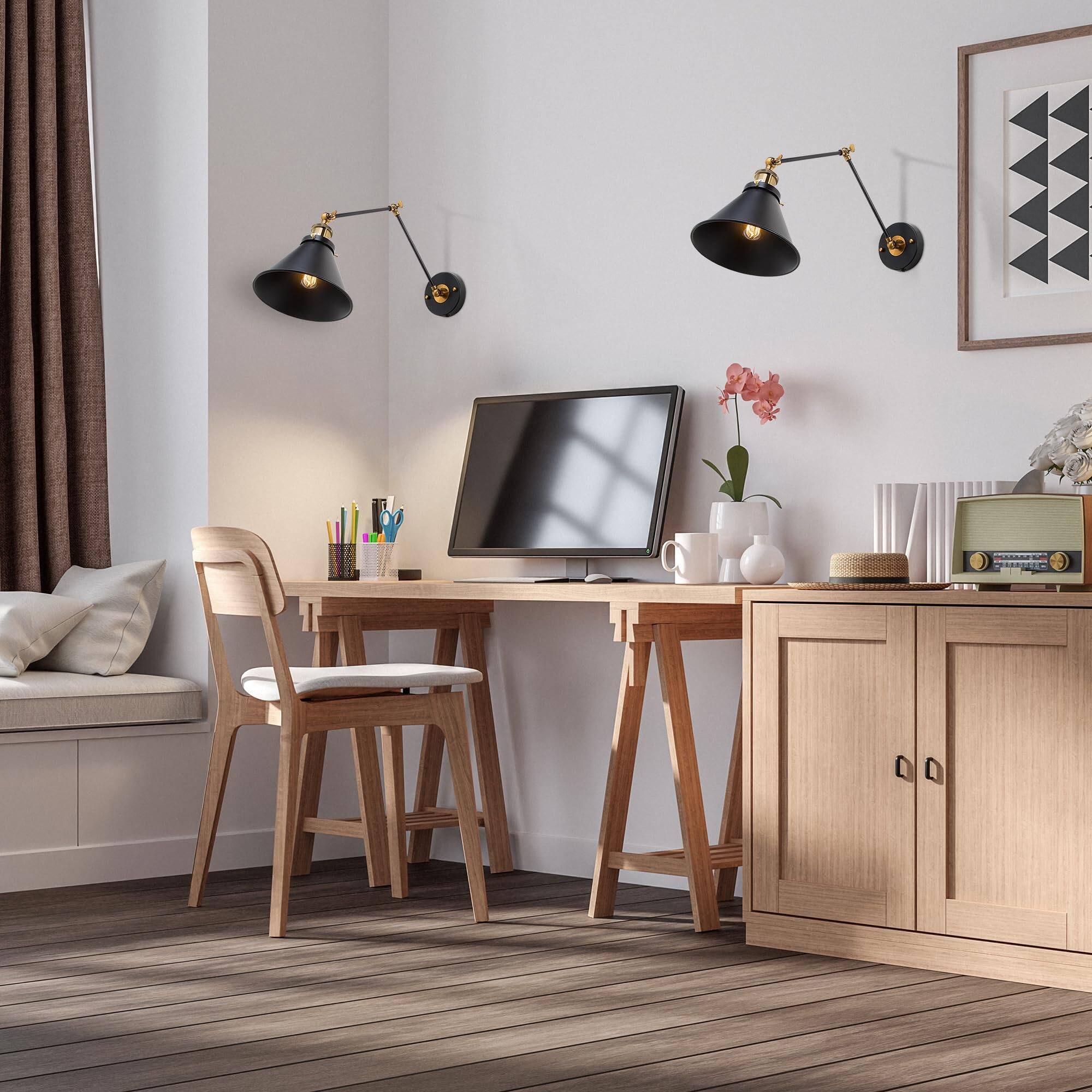 Alt View 3. PO3TICJUNKI3 - Wall Sconces Lighting Pack Modern Industrial Swing Arm Plug In Or HardwiAdjustable Lamp With Antique Brass - 2 Pack.