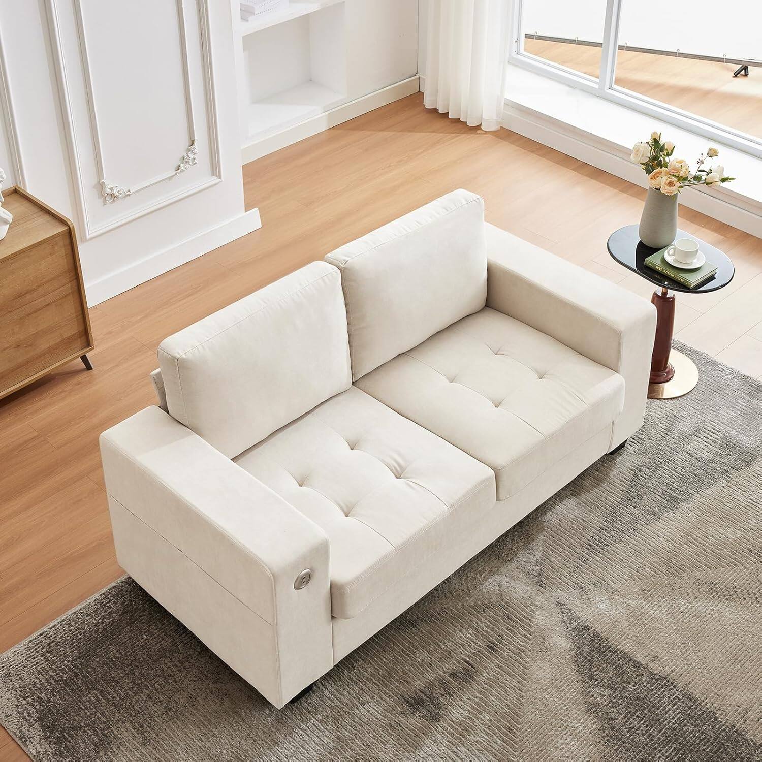 Front. Jojoka - Flash Sale, 70" Oversized Cloud Couch, Mid Century Chenille Sofa with USB Charging Ports & Side Pockets, Beige - Beige.