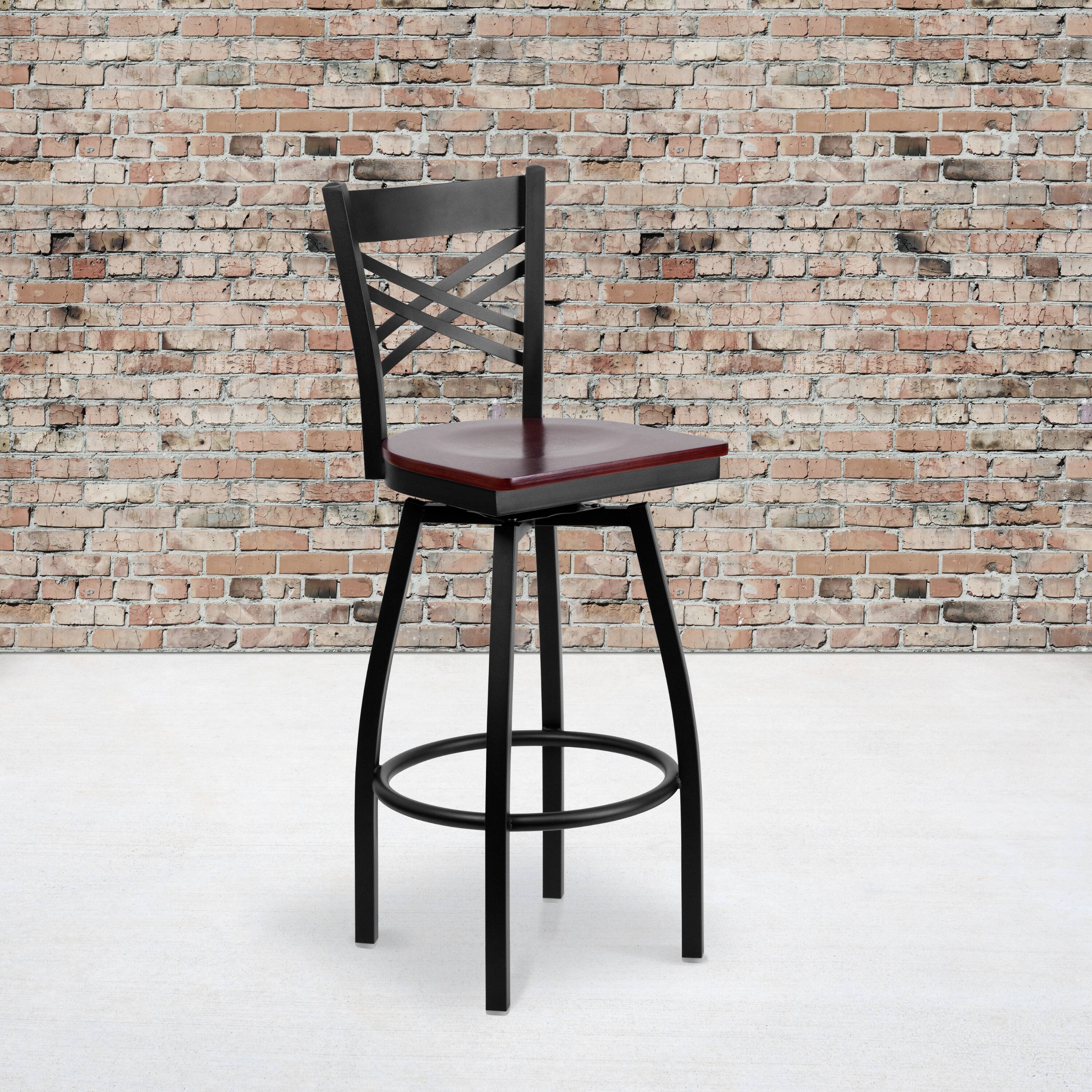 Alt View 1. Emma + Oliver - "X" Back Swivel Metal Restaurant Dining Barstool - Mahogany Wood Seat/Black Metal Frame.