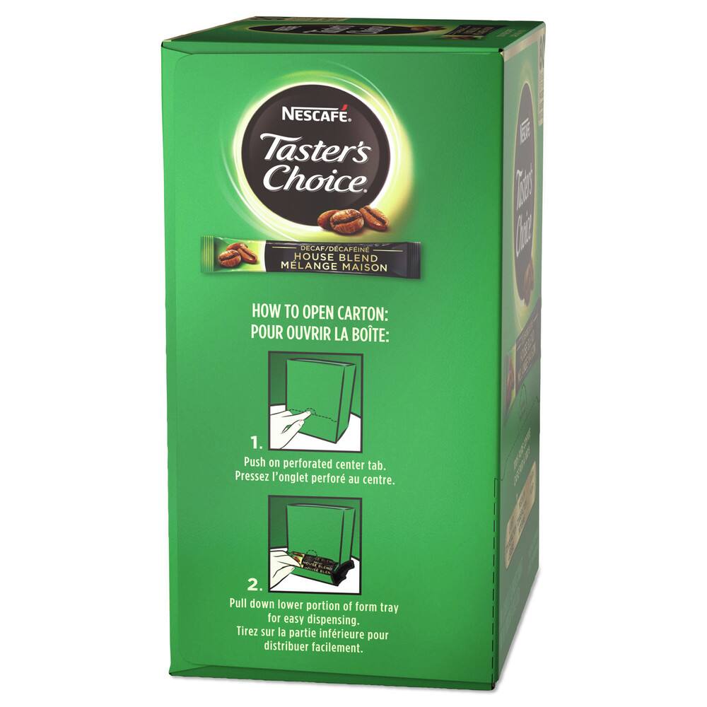 NESCAFÉ  
Taster's Choice  
DECAF/DECAFEINE HOUSE BLEND MELANGE MAISON  

HOW TO OPEN CARTON:  
POUR OUVRIR LA BOITE:  

1. Push on perforated center tab.  
   Pressez l'onglet perforé au centre.  

2. Pull down lower portion of form tray for easy dispensing.  
   Tirez sur la partie inférieure pour distribuer facilement.