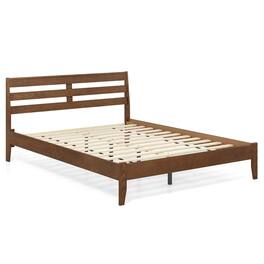 Costway - Queen Size Wood Bed Frame with Slat Headboard Under-Bed Storage Space Caramel - Brown