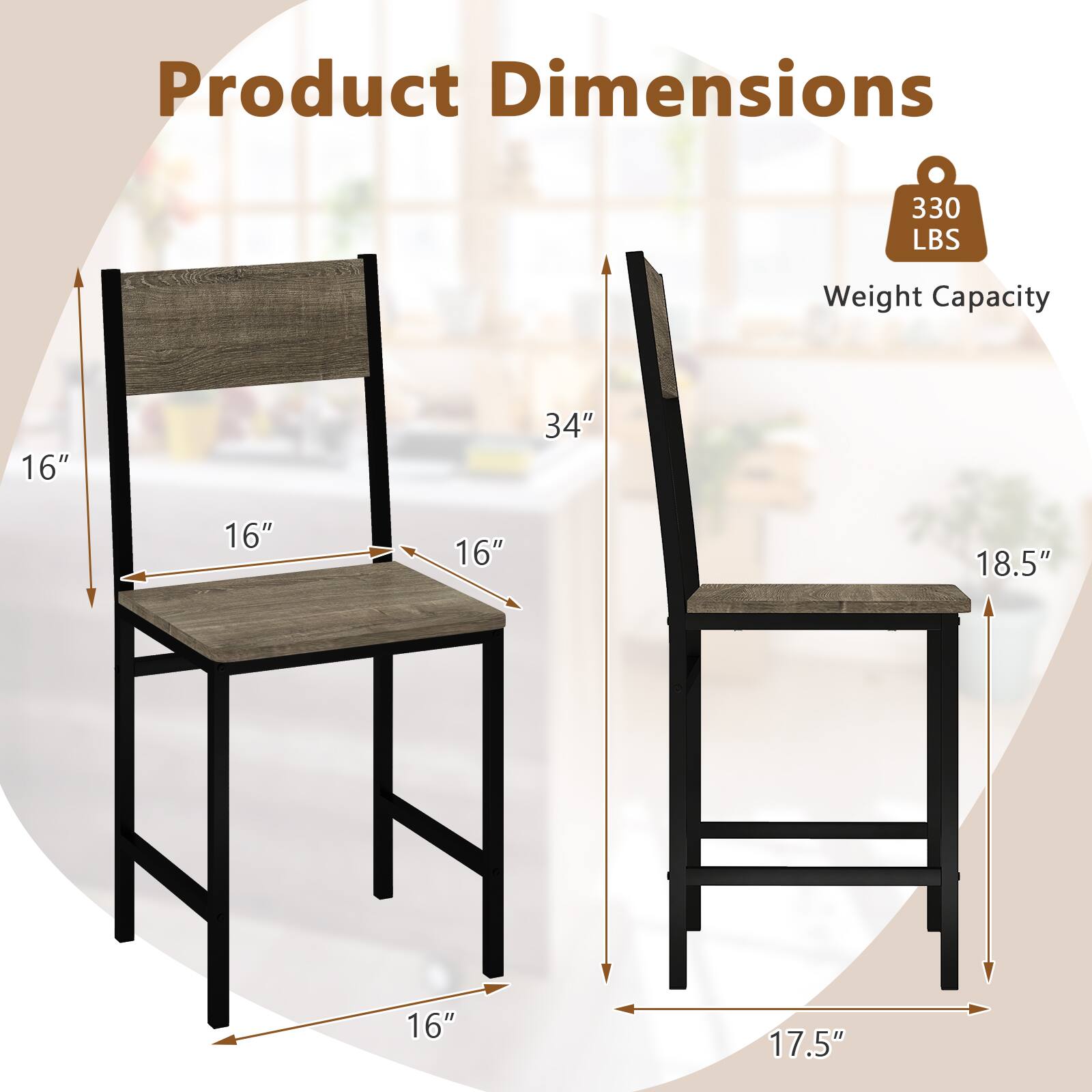 Product Dimensions  
330 LBS Weight Capacity  
16" x 16" x 16" x 34" x 18.5" x 17.5"