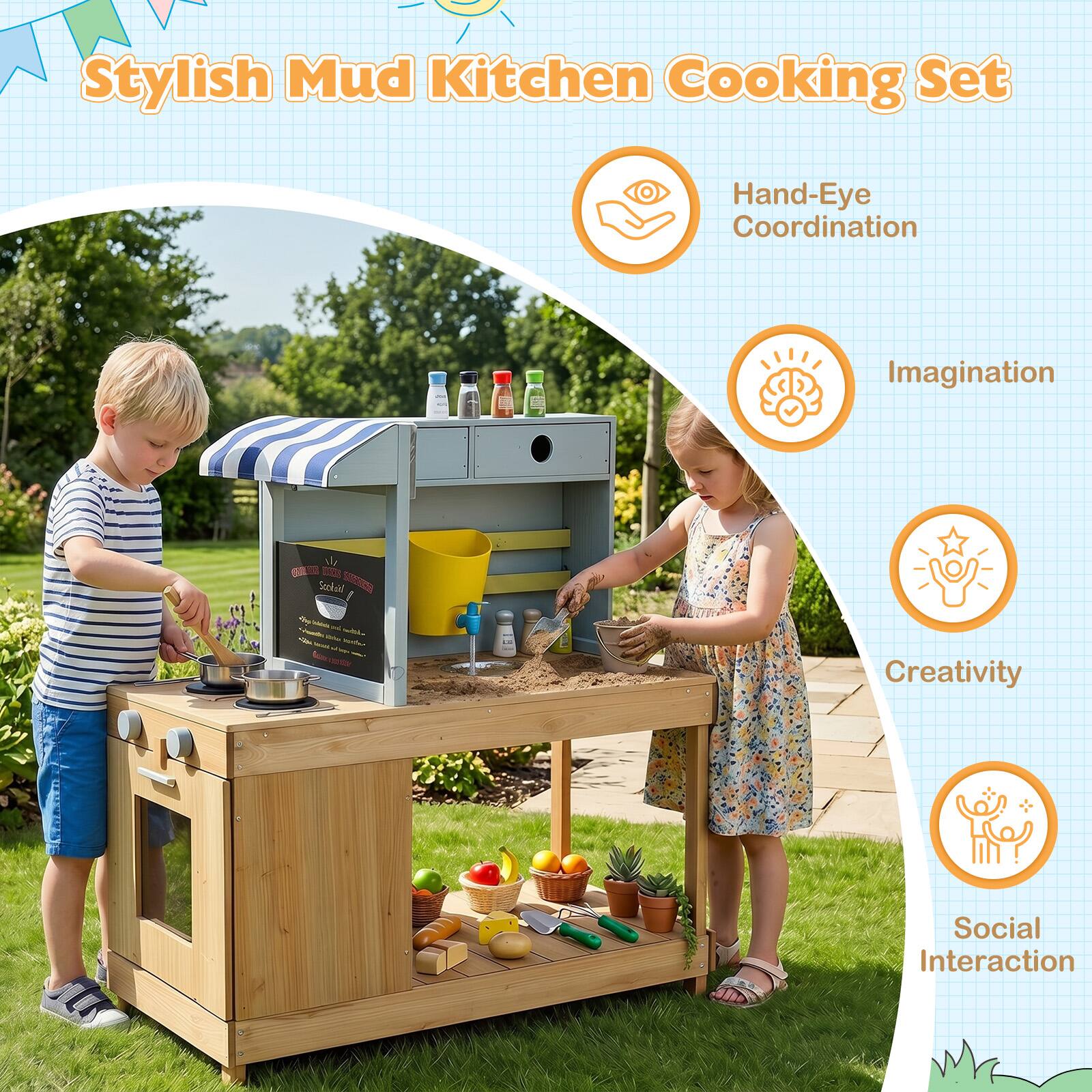 Stylish Mud Kitchen Cooking Set

- Hand-Eye Coordination
- Imagination
- Creativity
- Social Interaction