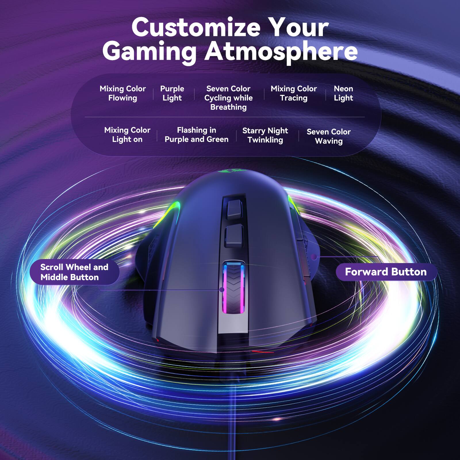 Customize Your Gaming Atmosphere: Mixing Color, Flowing Purple Light, Seven Color Cycling while Breathing, Mixing Color Tracing, Neon Light, Mixing Color Light on Flashing in Purple and Green, Starry Night, Twinkling, Seven Color Waving, Scroll Wheel and Middle Button, Forward Button.