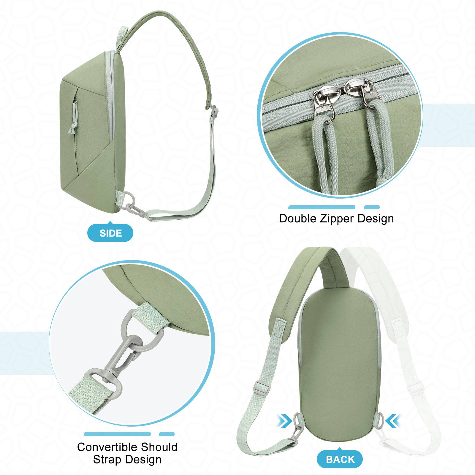 SIDE  
Double Zipper Design  
Convertible Shoulder Strap Design  
BACK