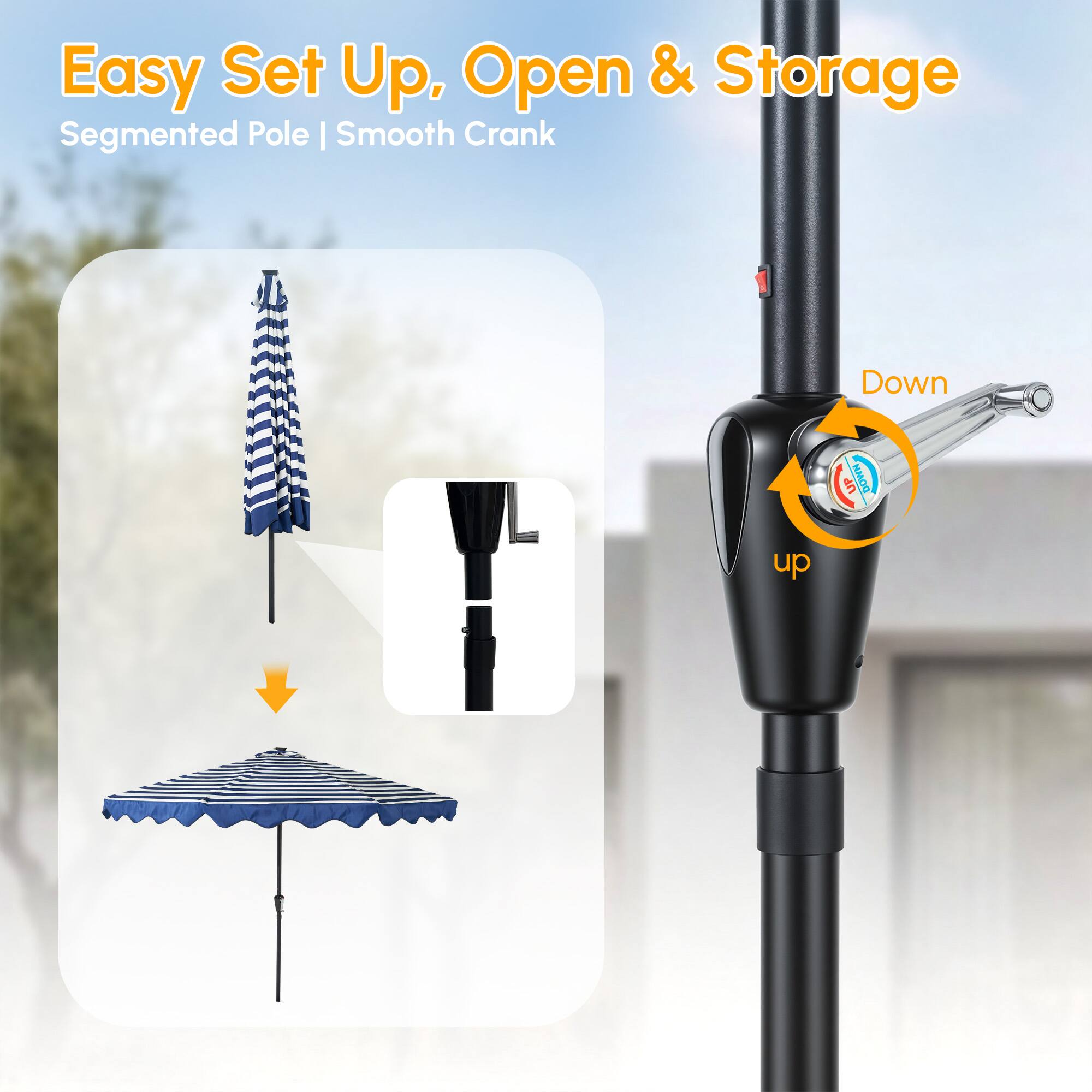 Easy Set Up, Open & Storage  
Segmented Pole | Smooth Crank