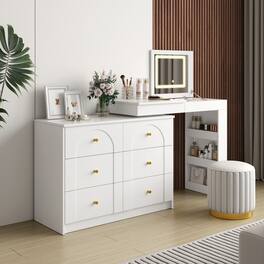 Loheer - Makeup Vanity Desk with Mirror and Lights, Flip Top Vanity Table with Storage - White