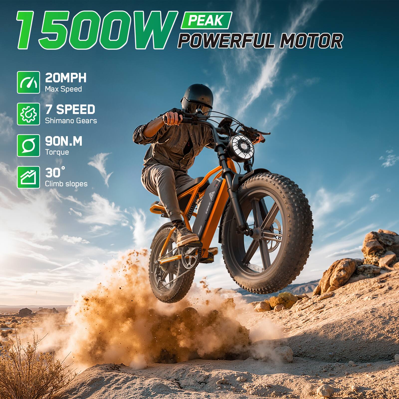 1500W PEAK POWERFUL MOTOR

- 20MPH Max Speed
- 7 SPEED Shimano Gears
- 90N.M Torque
- 30° Climb slopes