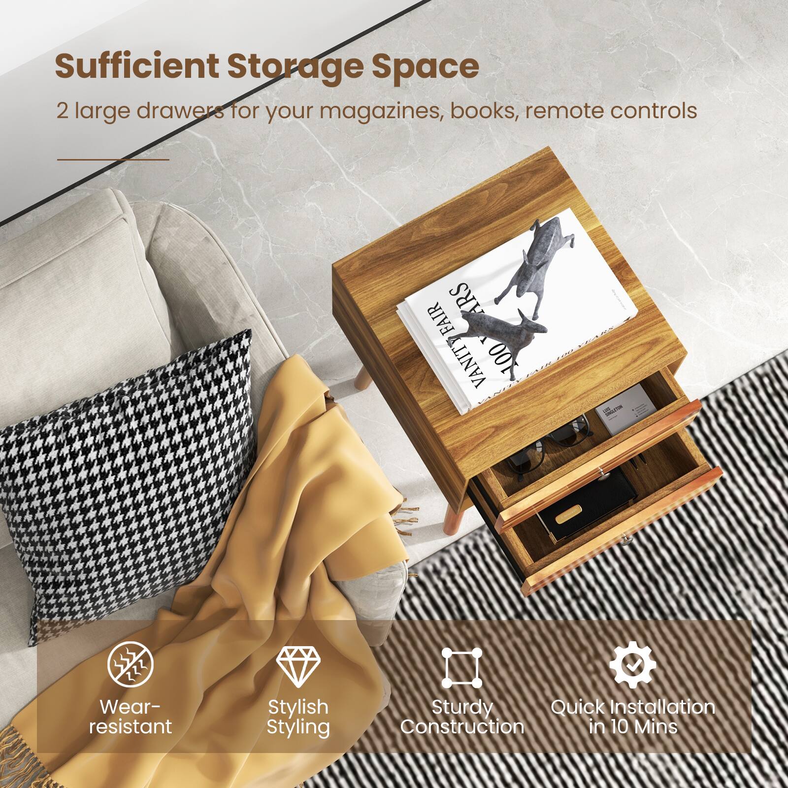 Sufficient Storage Space, 2 large drawers for your magazines, books, remote controls, Wear-resistant, Stylish Styling, Sturdy Construction, Quick Installation in 10 Mins
