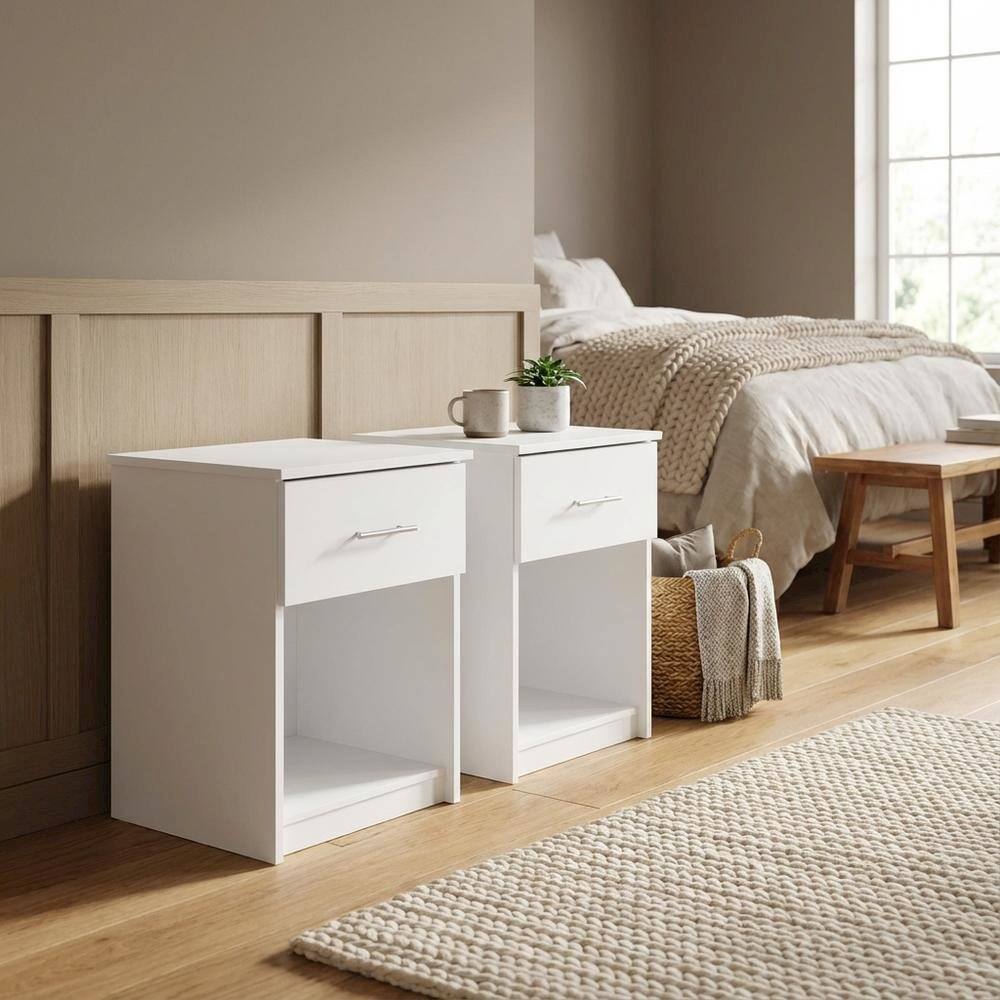 Back. FurniFact - Solid White Nightstand Set, Handle, Drawer, Contemporary Bedroom Furniture - Solid White.