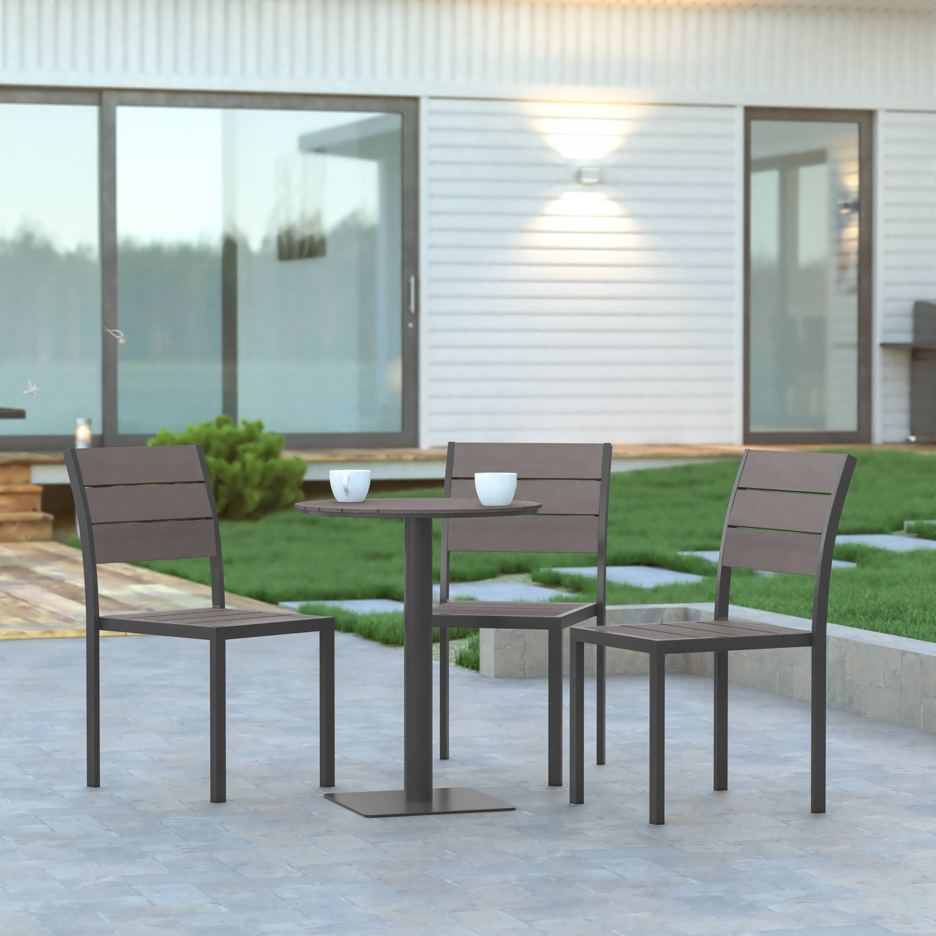 Alt View 4. Emma + Oliver - Fena 24" Round Outdoor Dining Table with Faux Teak Poly Slats and Steel Frame - Gray Top/Gray Frame.
