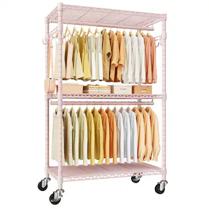 Front. Cedar Assembly - P1 Rolling Clothes Rack Portable Wardrobe Closet With Wheels Heavy-duty Clothing For Hanging 35 5 W X 15 7 ... - Pink.