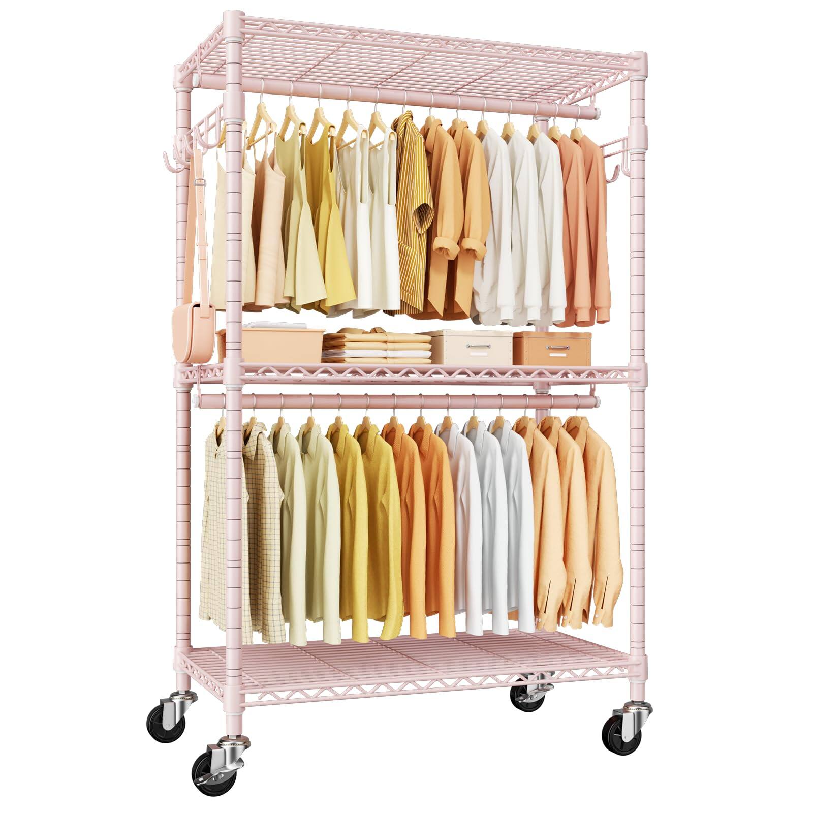 Front. Cedar Assembly - P1 Rolling Clothes Rack Portable Wardrobe Closet With Wheels Heavy-duty Clothing For Hanging 35 5 W X 15 7 ... - Pink.
