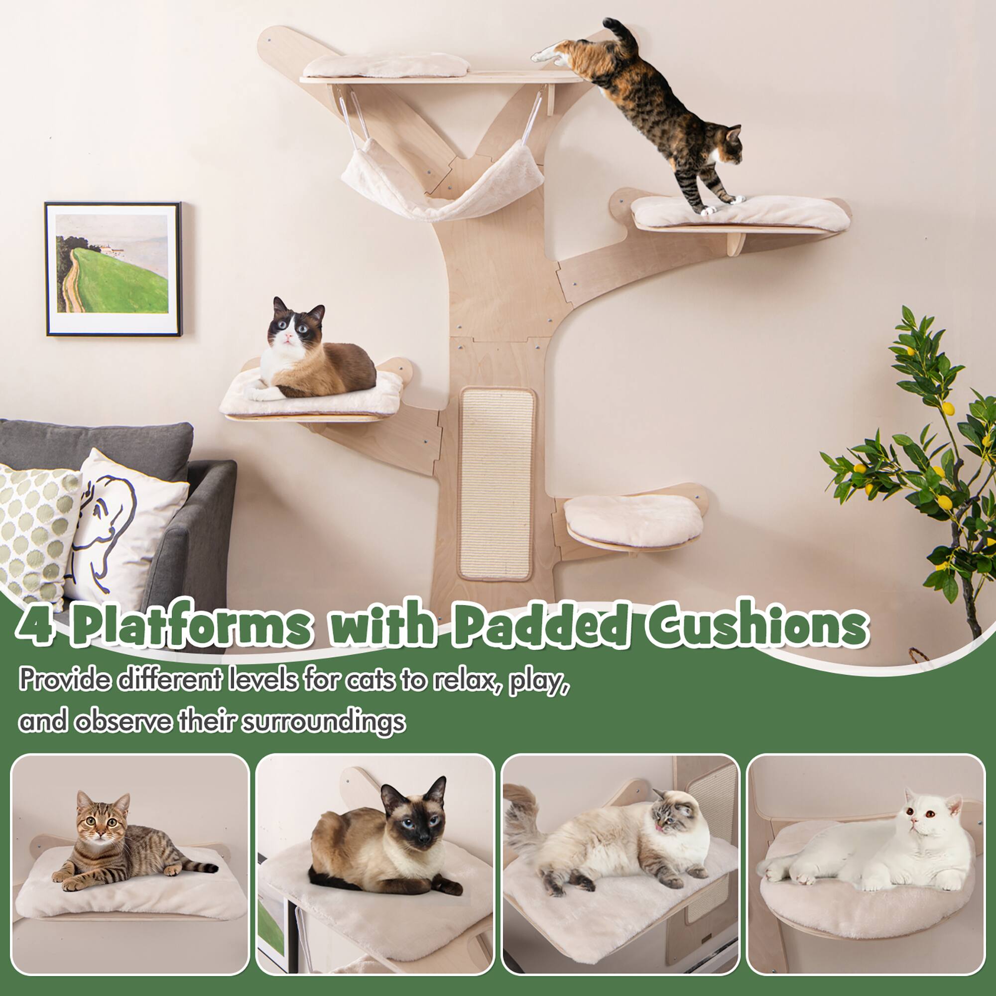 4 Platforms with Padded Cushions  
Provide different levels for cats to relax, play, and observe their surroundings