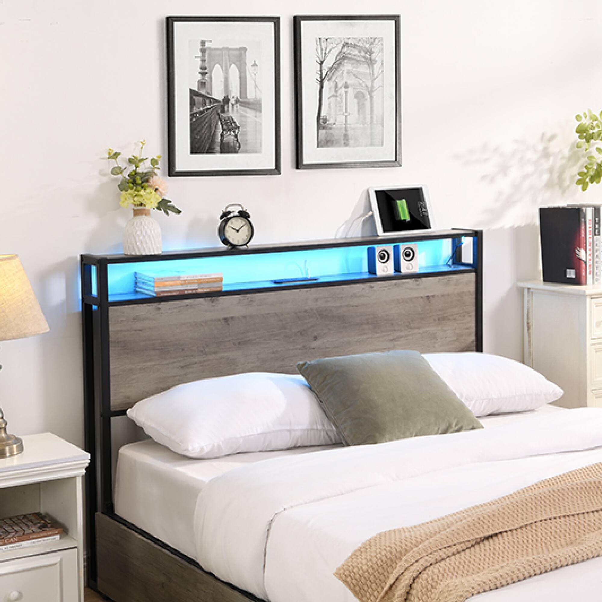 Alt View 6. GOODSILO - Queen Size Bed Frame with Storage Headboard and Built-in Charging Station, LED Lighting, and Easy Assembly - Antique Gray.