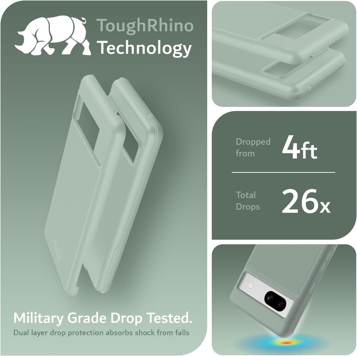 ToughRhino Technology

Dropped from 4ft  
Total Drops 26x

Military Grade Drop Tested.  
Dual layer drop protection absorbs shock from falls