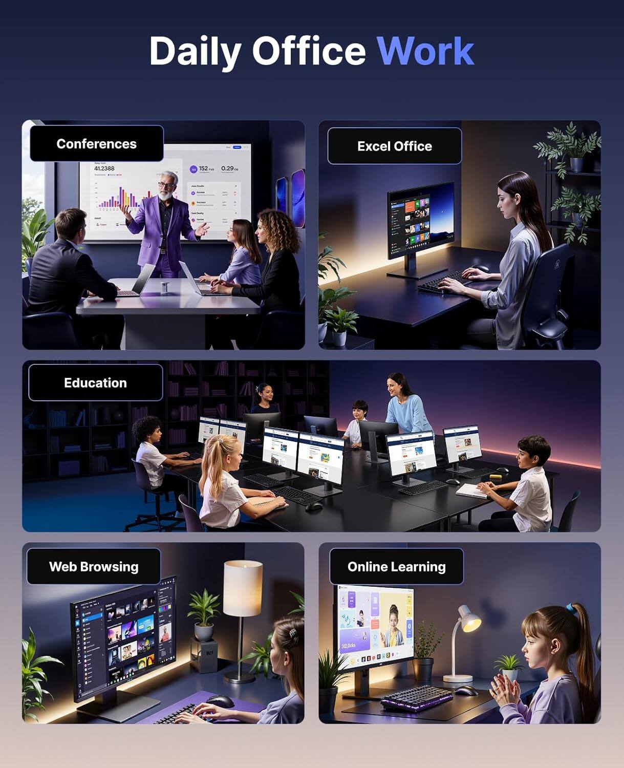 Daily Office Work  
Conferences  
Excel Office  
Education  
Web Browsing  
Online Learning