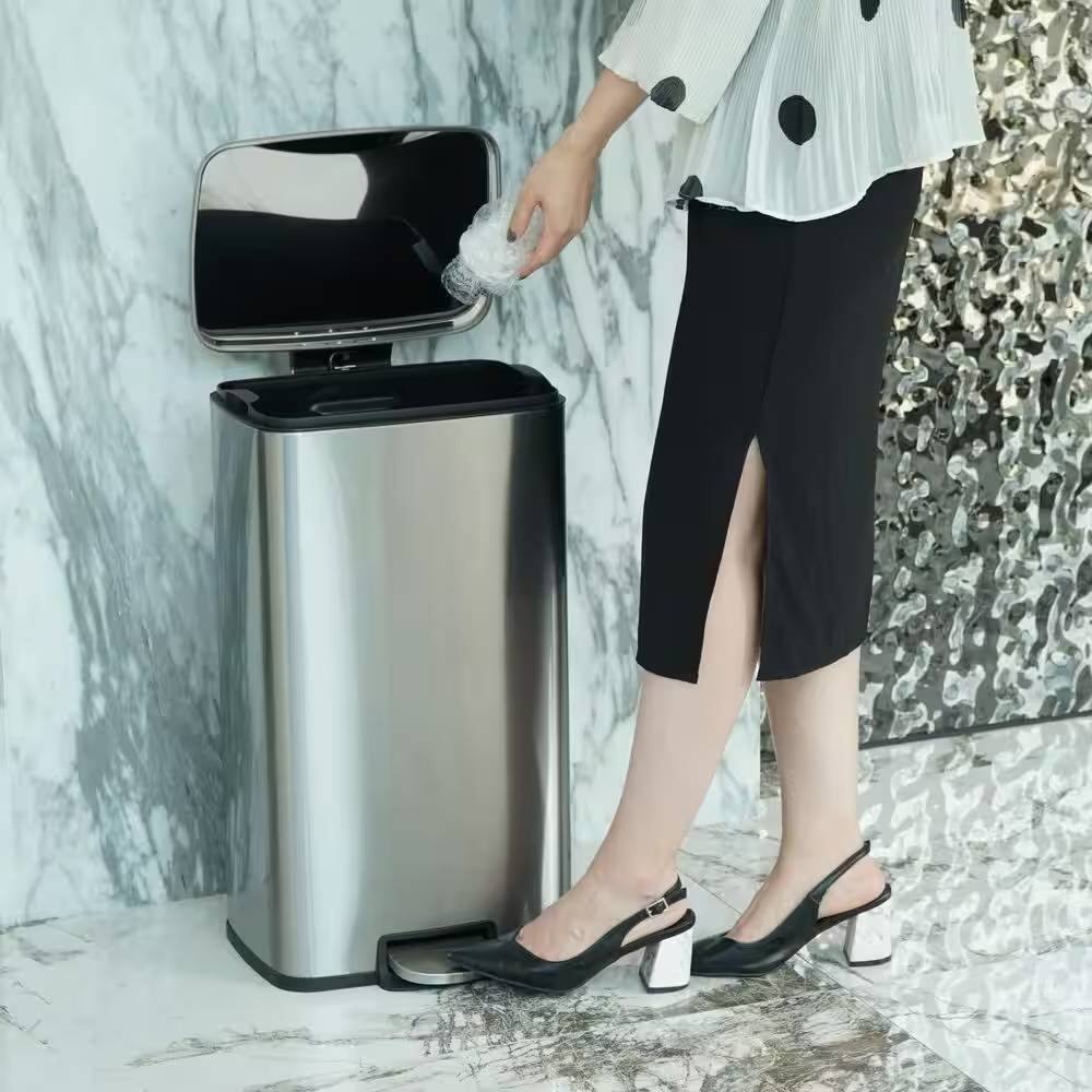 Left. Hivvago - 8-Gallon Stainless Steel Kitchen Trash Can with Step-on Lid - Silver.