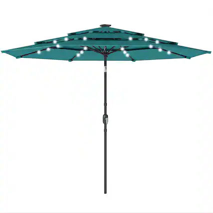 Front. Outsunny - ft Outdoor Patio Umbrella with Solar LED Lights, 3 Tier Outdoor Table Umbrella with Tilt - Teal.