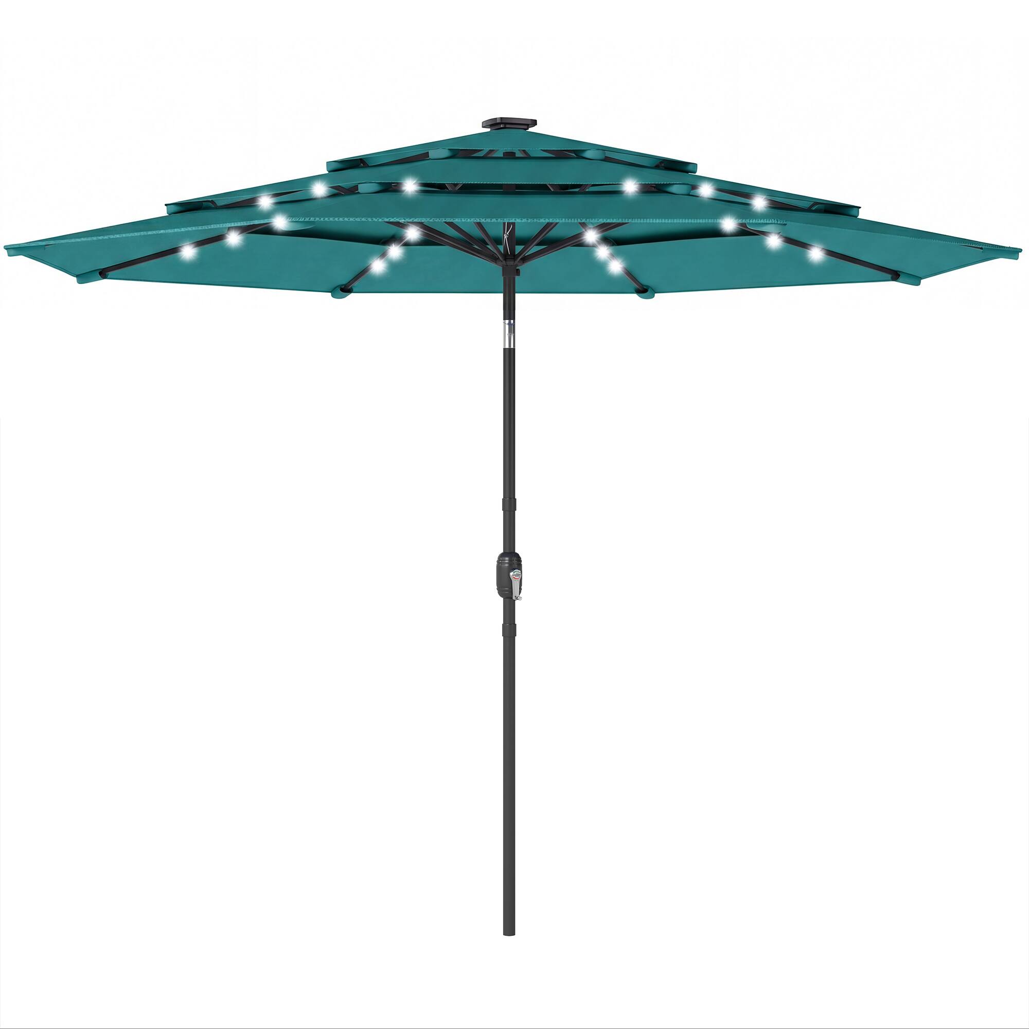 Front. Outsunny - ft Outdoor Patio Umbrella with Solar LED Lights, 3 Tier Outdoor Table Umbrella with Tilt - Teal.