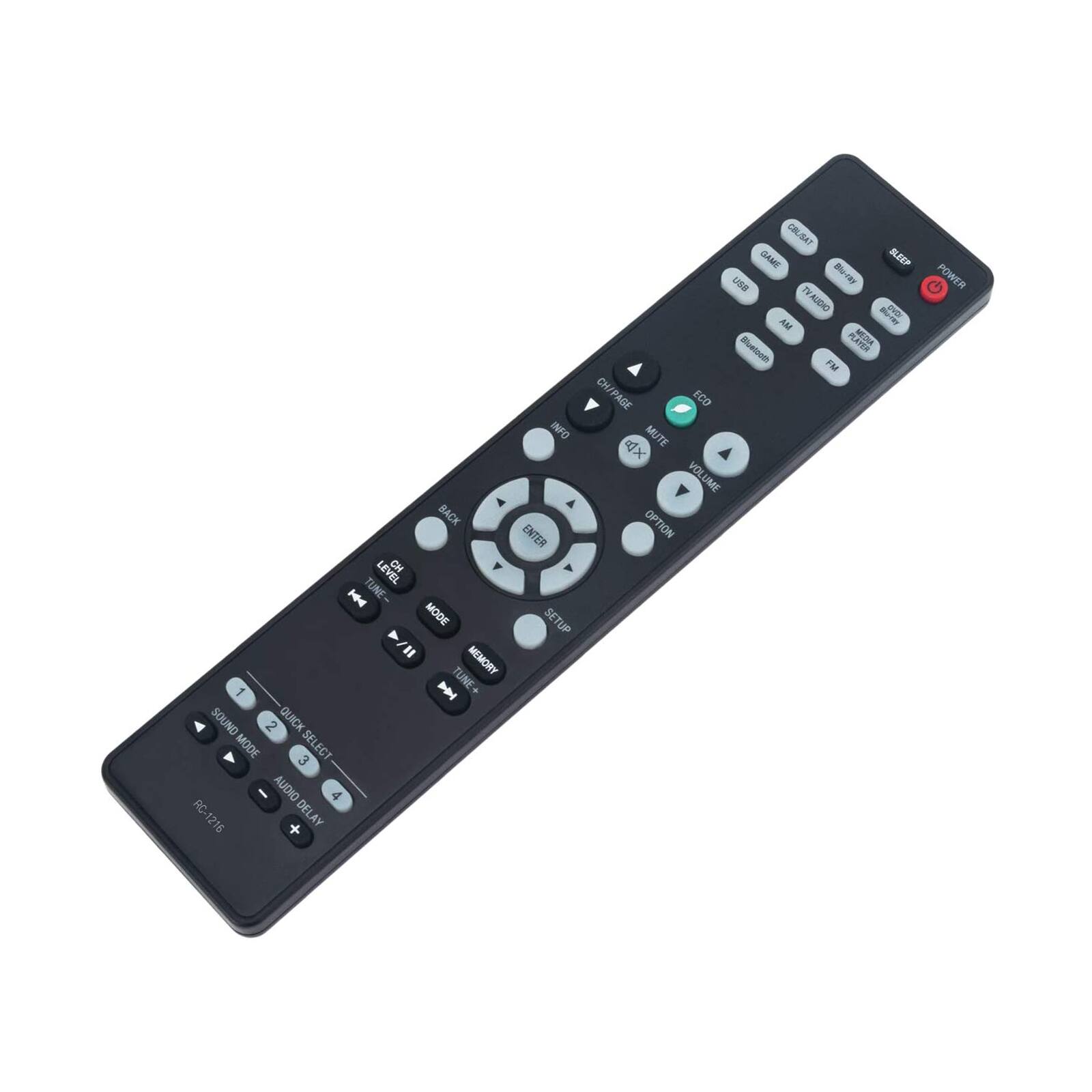 BACK LEVEL CH I TUNE- MODE A 1/ MEMORY I TUNE SOUND 2 QUICK MODE SELECT SE 3 AUDIO RC. DELAY 1216 + INFO ENTER SETUP CRLIBAT GAM SLEEP u Blu-ray TV AUDAO - AM Bluetoo PLAVER FM CH/PAGE ECO X MUTE VOLUME OPTION G POWER