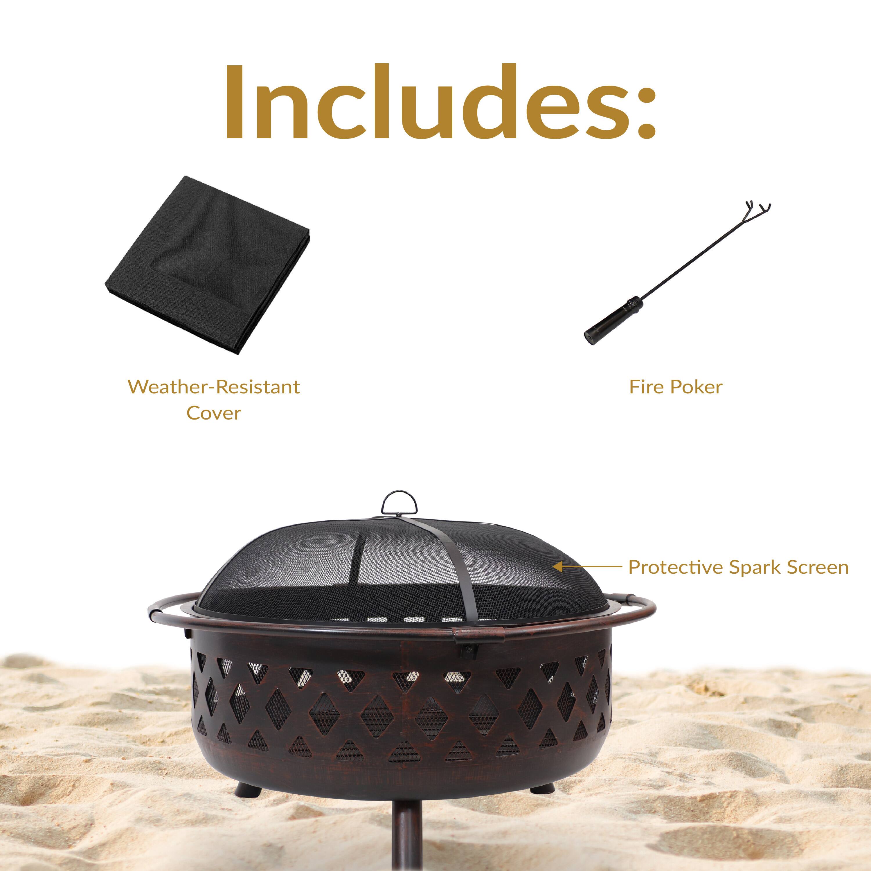 Includes:

- Weather-Resistant Cover
- Fire Poker
- Protective Spark Screen