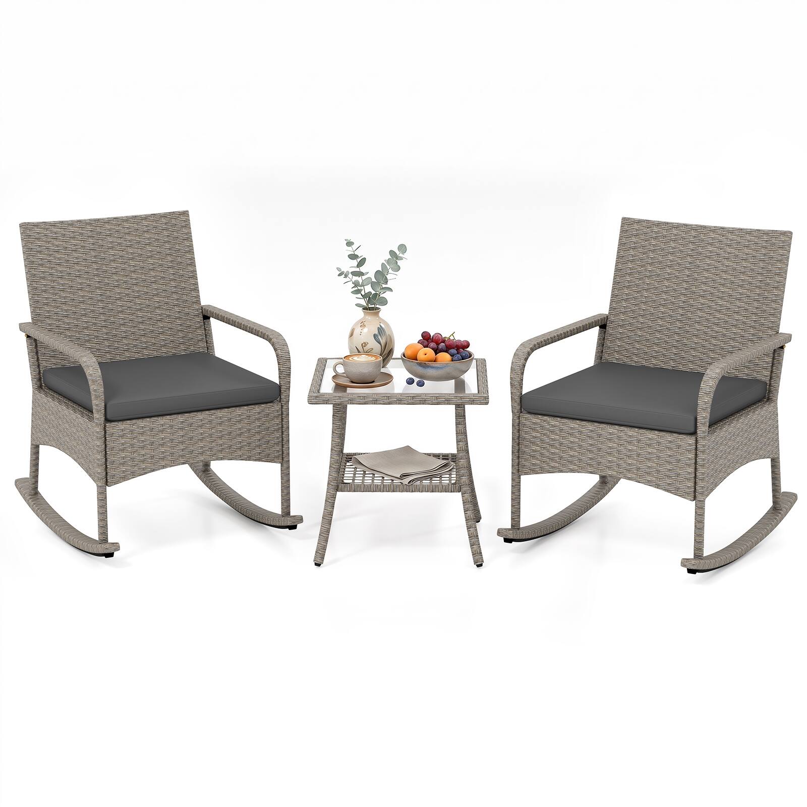 Alt View 1. Costway - Costway 3-Piece Outdoor Rocking Bistro Set with Cushions & Glass Coffee Table for Garden - Gray.