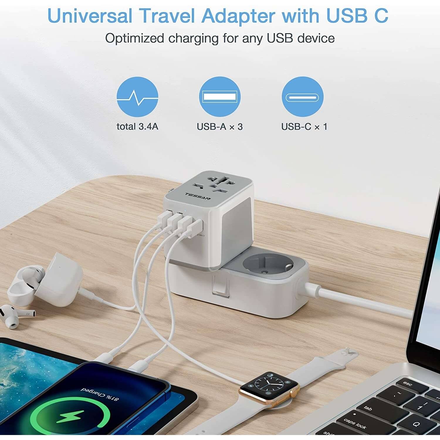 Universal Travel Adapter with USB C  
Optimized charging for any USB device  
total 3.4A  
USB-A x 3  
USB-C x 1