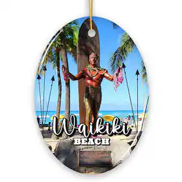 OrnamentallyYou - Waikiki Beach Hawaiian Paradise Ornament Pacific Island Christmas Gift and Souvenir Oval - Multi-colored