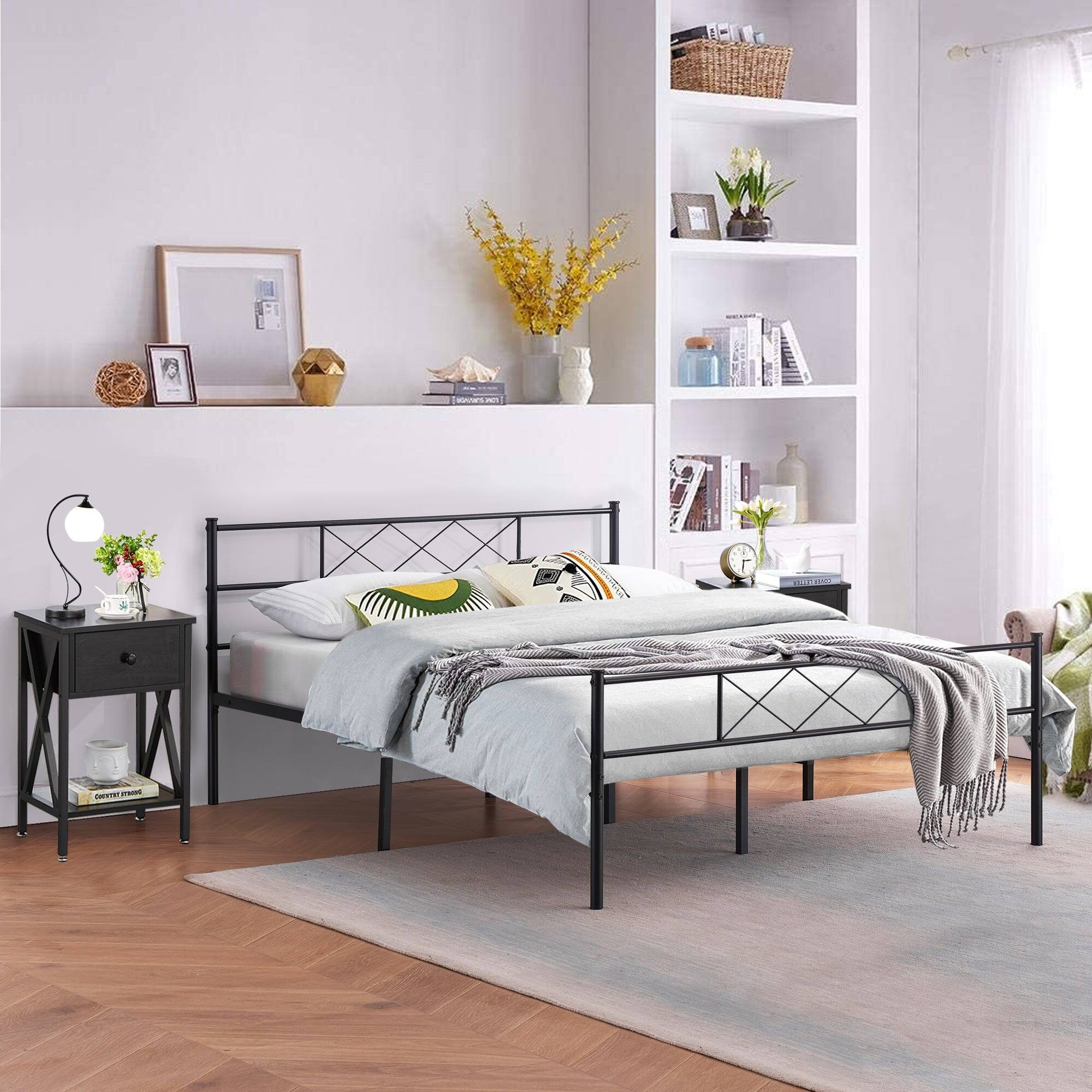 Alt View 2. Vecelo - Modern Sturdy Full Size Metal Bed Frame with Storage, Headboard & Footboard, Noise-Free Platform Bed - Full Black.